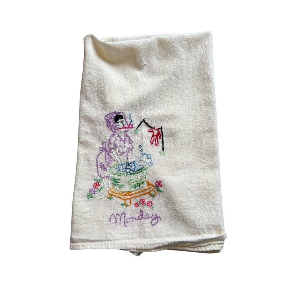 Vintage Hand Embroidered Monday Wash Day Towel Sunbonnet Lady Cotton Linen